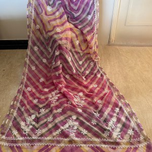 Pink & yellow Handmade tie & dye ombré Kota Mul leheriya Chikankari saree