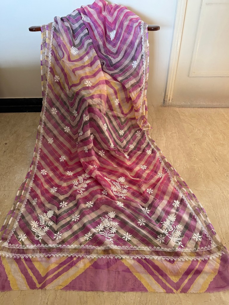 Pink & yellow Handmade tie & dye ombré Kota Mul leheriya Chikankari saree