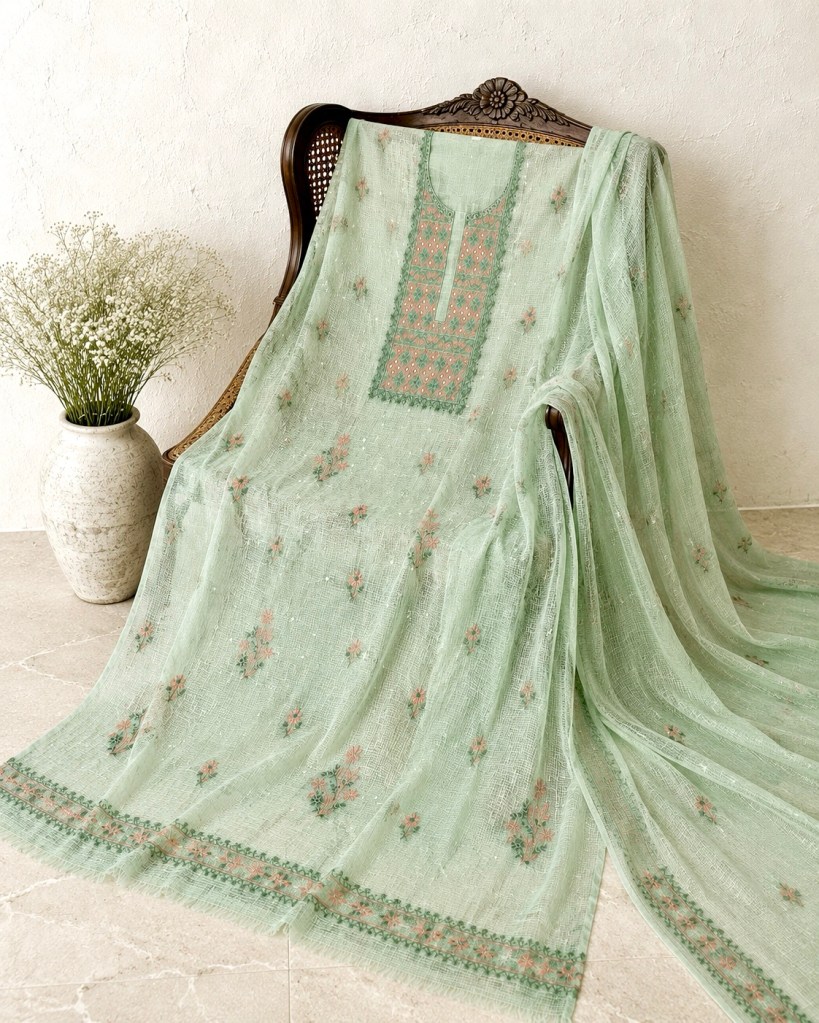 Aquamarine green pure cotton Kota doria chikankari kurta dupatta set with pearl & cut Dana embellishments