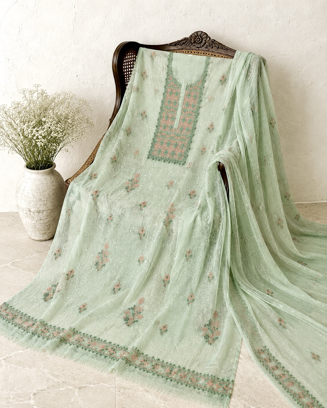 Aquamarine green pure cotton Kota doria chikankari kurta dupatta set with pearl & cut Dana embellishments - Image 1