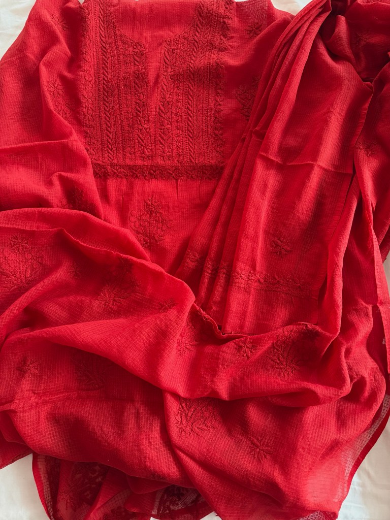 Deep crimson red pure cotton Kota doria chikankari kurta dupatta set