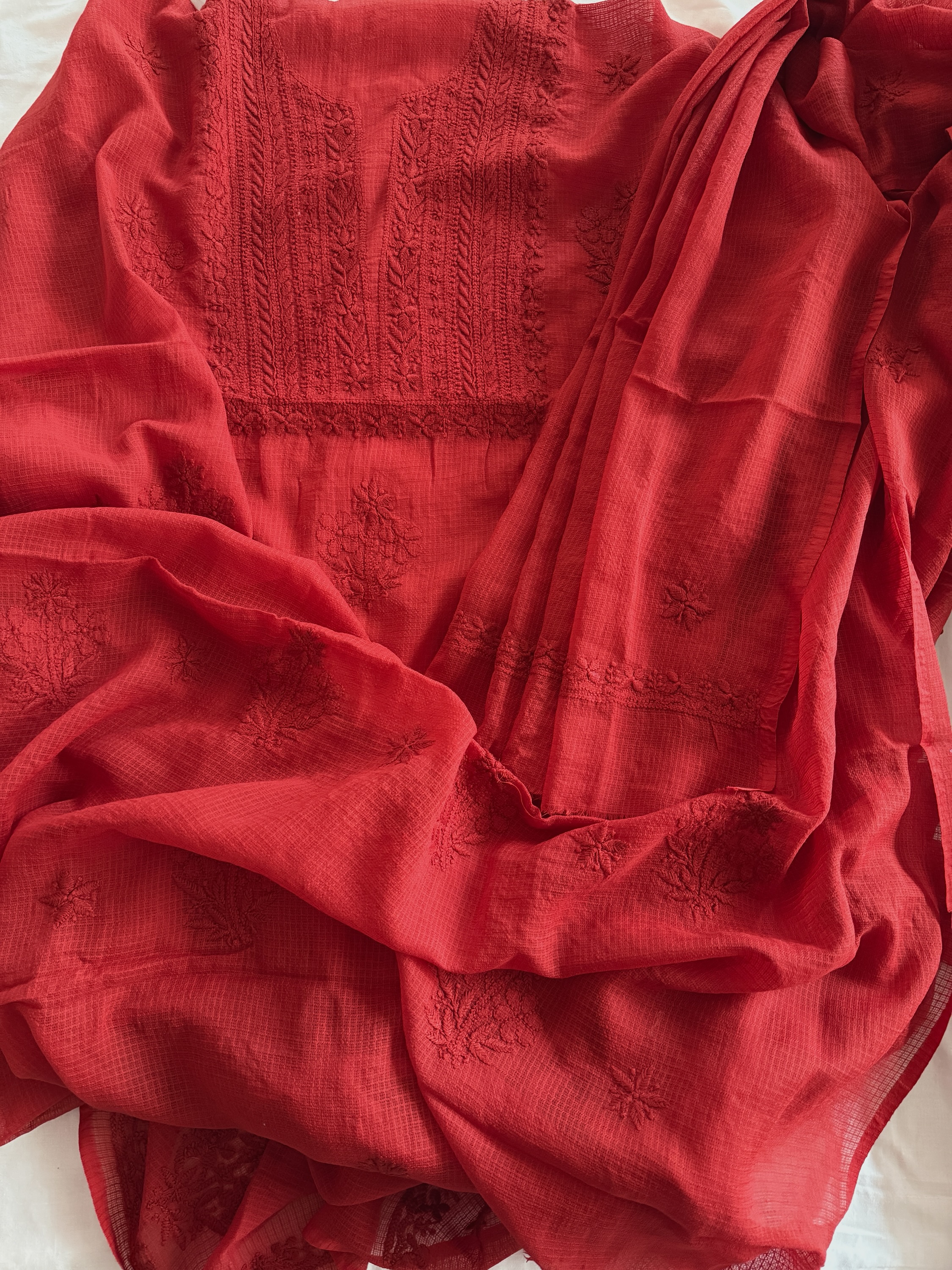Deep crimson red pure cotton Kota doria chikankari kurta dupatta set - Image 1