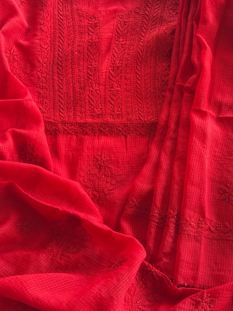 Deep crimson red pure cotton Kota doria chikankari kurta dupatta set