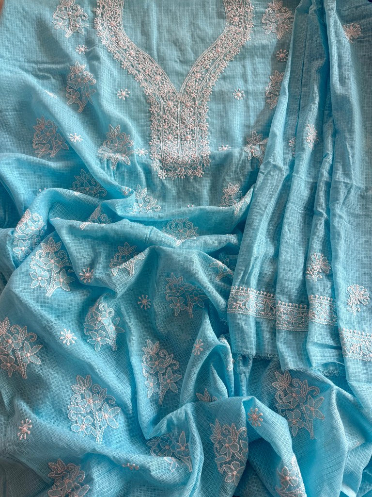 Capri blue pure cotton Kota doria chikankari kurta dupatta set