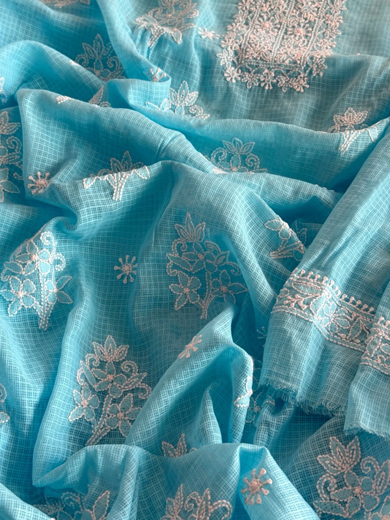 Capri blue pure cotton Kota doria chikankari kurta dupatta set