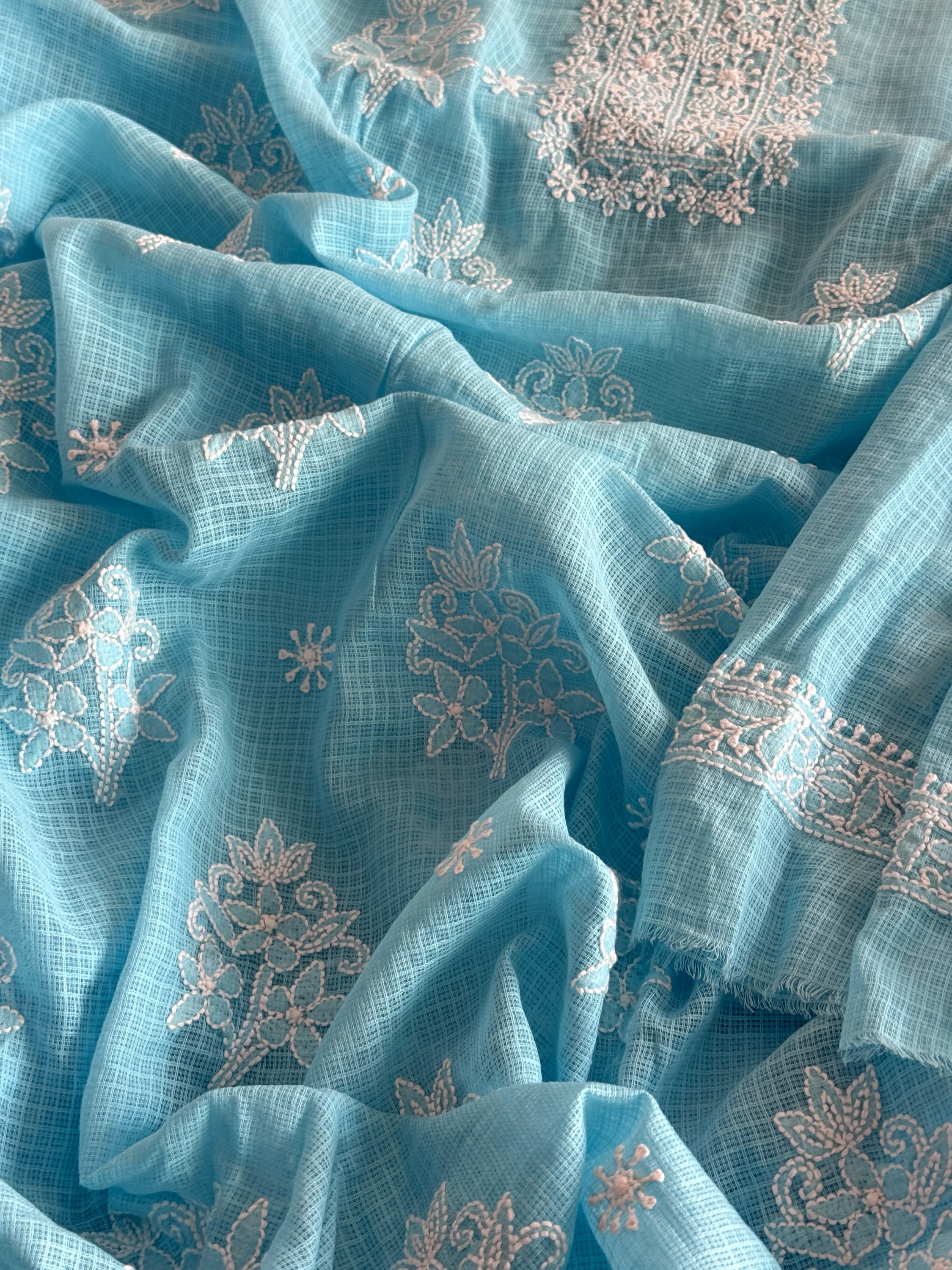 Capri blue pure cotton Kota doria chikankari kurta dupatta set - Image 2