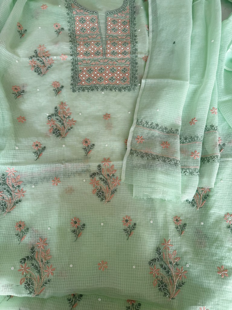 Cyan green pure cotton Kota doria chikankari kurta dupatta set with pearl & cut Dana embellishments