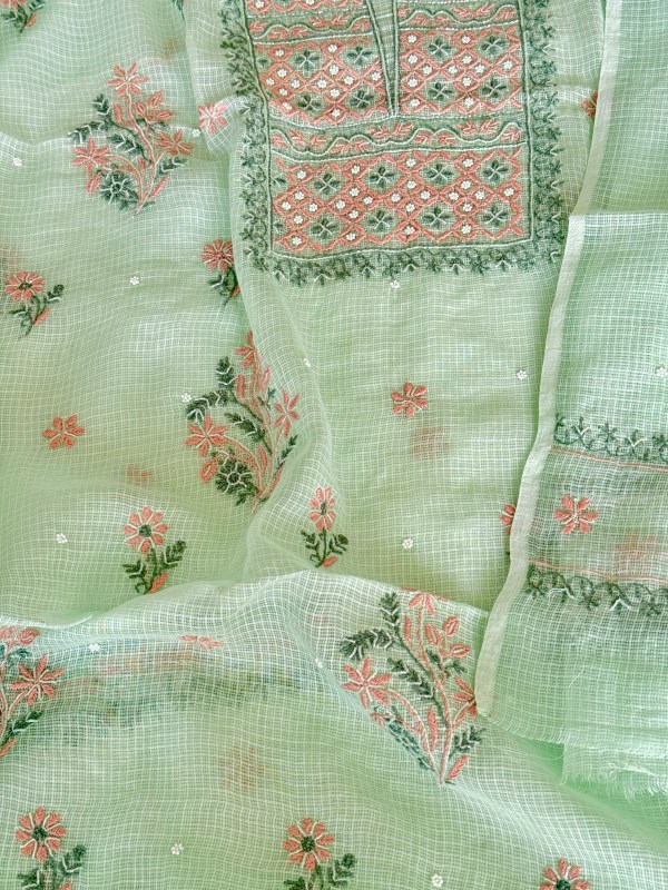 Aquamarine green pure cotton Kota doria chikankari kurta dupatta set with pearl & cut Dana embellishments