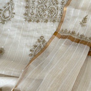 Off-white olive Maheshwari mulmul chikankari kurta dupatta set with pearl work - Image 2