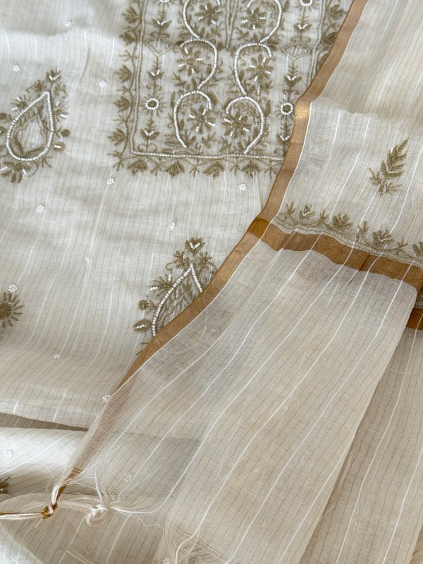 Off-white olive Maheshwari mulmul chikankari kurta dupatta set with pearl work