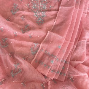 Flamingo pink pure cotton Kota doria chikankari kurta dupatta set with pearl & cut Dana embellishments