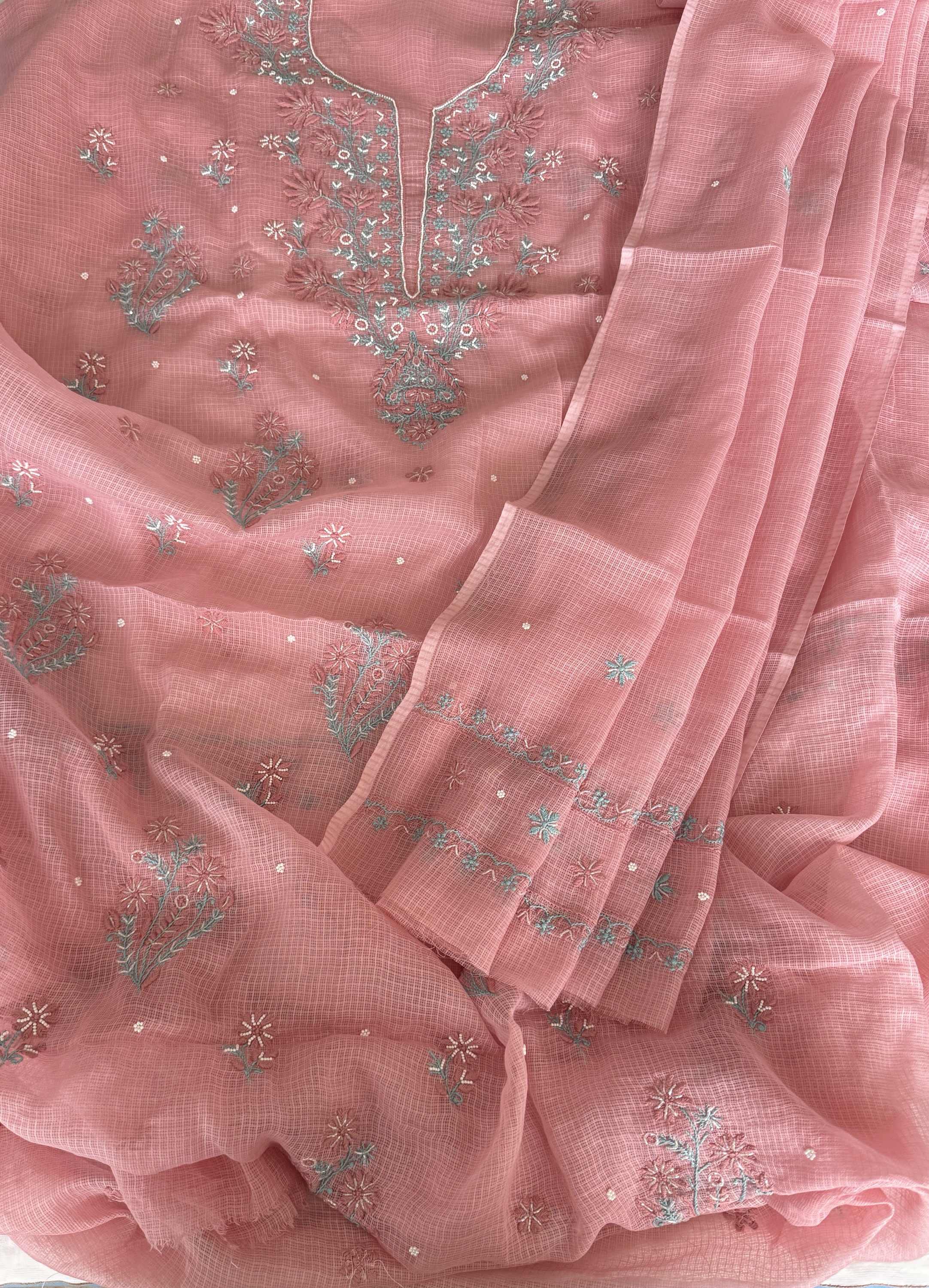 Flamingo pink pure cotton Kota doria chikankari kurta dupatta set with pearl & cut Dana embellishments - Image 1