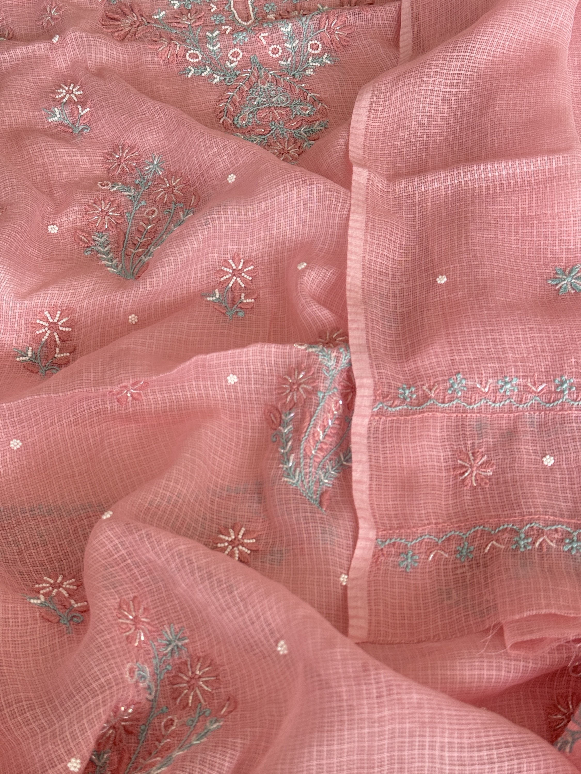 Flamingo pink pure cotton Kota doria chikankari kurta dupatta set with pearl & cut Dana embellishments - Image 2