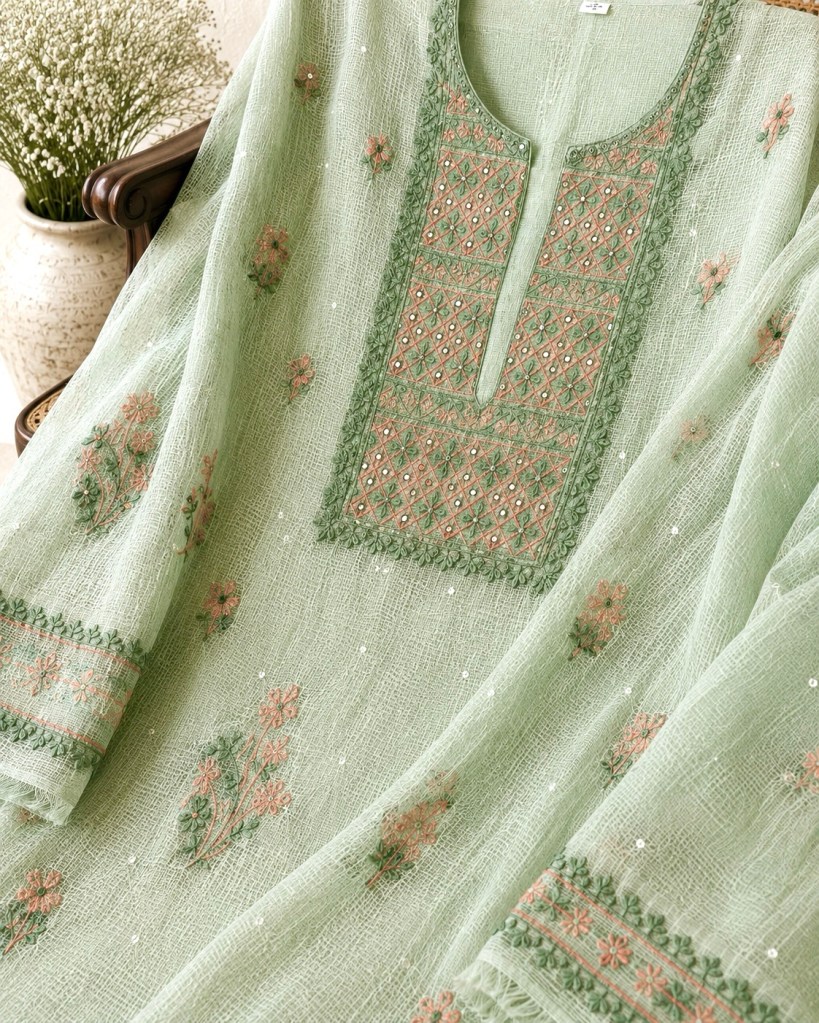 Cyan green pure cotton Kota doria chikankari kurta dupatta set with pearl & cut Dana embellishments