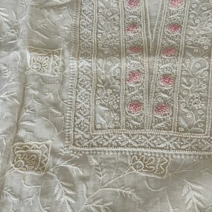 Ivory white pink bullion rose Chanderi kurta dupatta set delicately embellished with pearls - Image 2