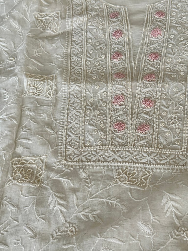 Ivory white pink bullion rose Chanderi kurta dupatta set delicately embellished with pearls