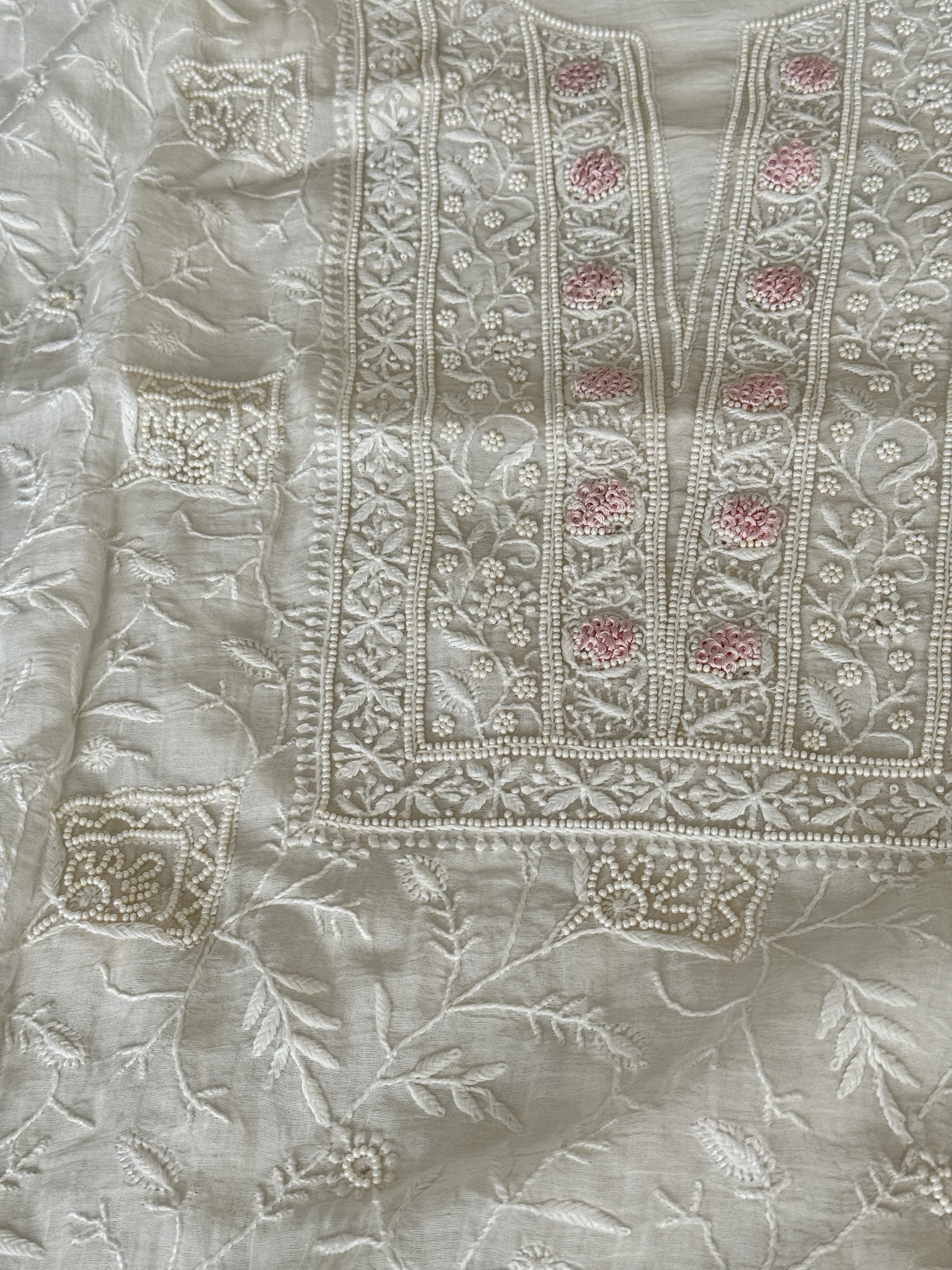 Ivory white pink bullion rose Chanderi kurta dupatta set delicately embellished with pearls - Image 2