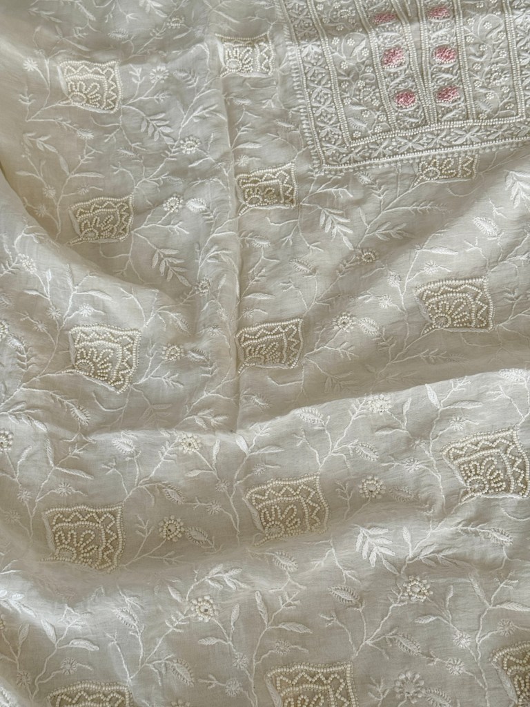 Ivory white pink bullion rose Chanderi kurta dupatta set delicately embellished with pearls