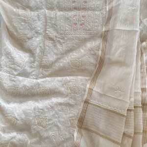 Ivory white pink bullion rose Chanderi kurta dupatta set delicately embellished with pearls