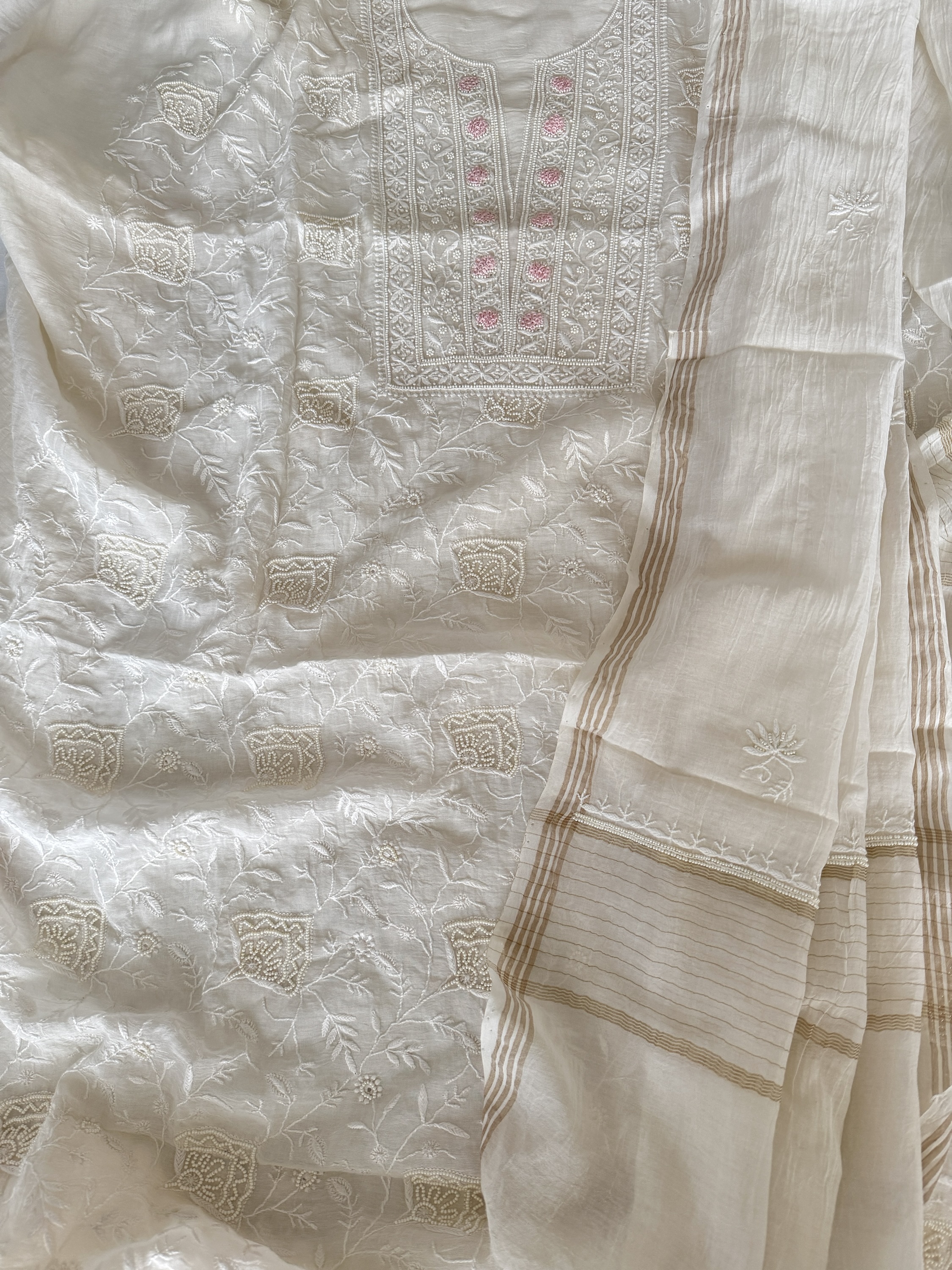 Ivory white pink bullion rose Chanderi kurta dupatta set delicately embellished with pearls - Image 1