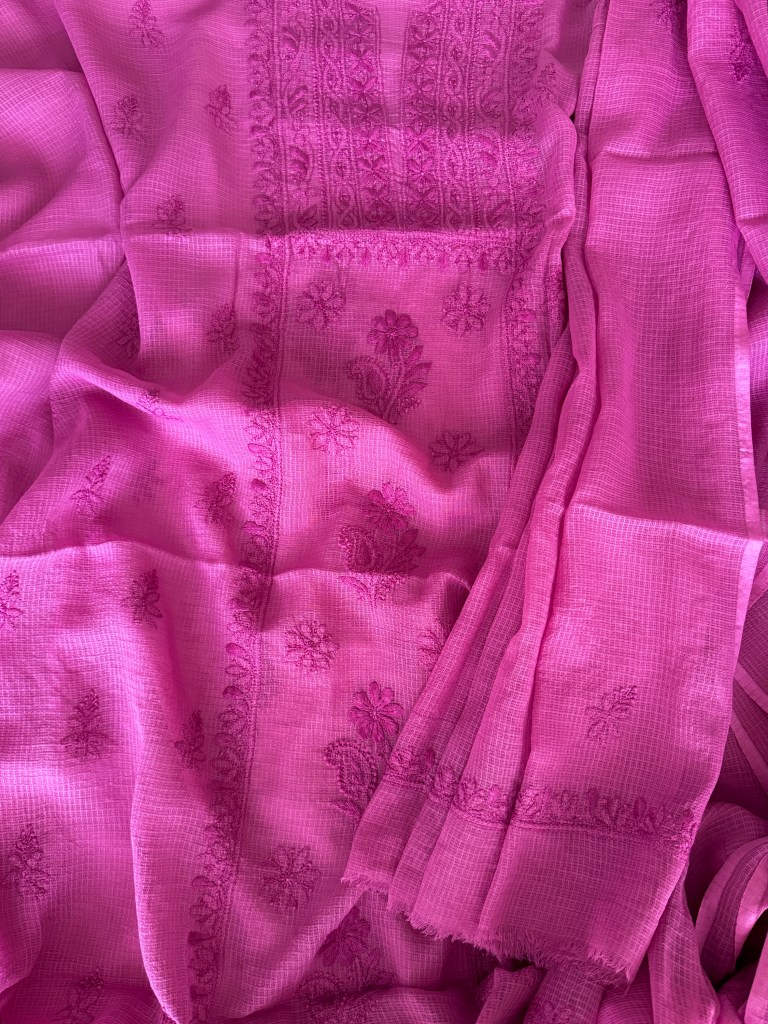 Fuchsia pink Kota mulmul chikankankari kurta dupatta set
