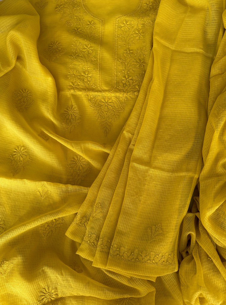 Lemon yellow pure cotton Kota mulmul Chikankari kurta dupatta set