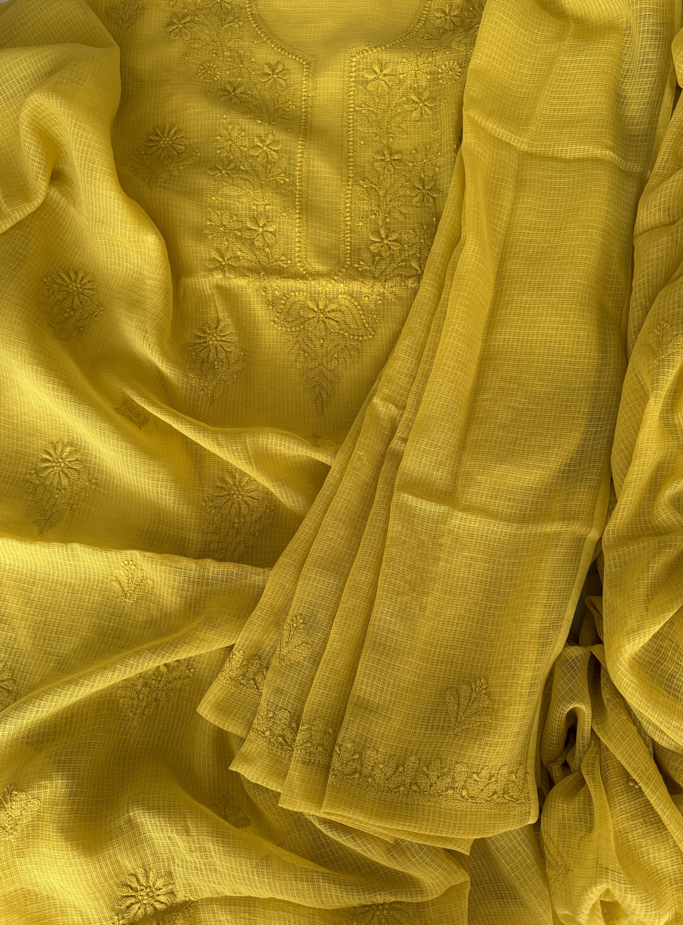 Lemon yellow pure cotton Kota mulmul Chikankari kurta dupatta set - Image 1