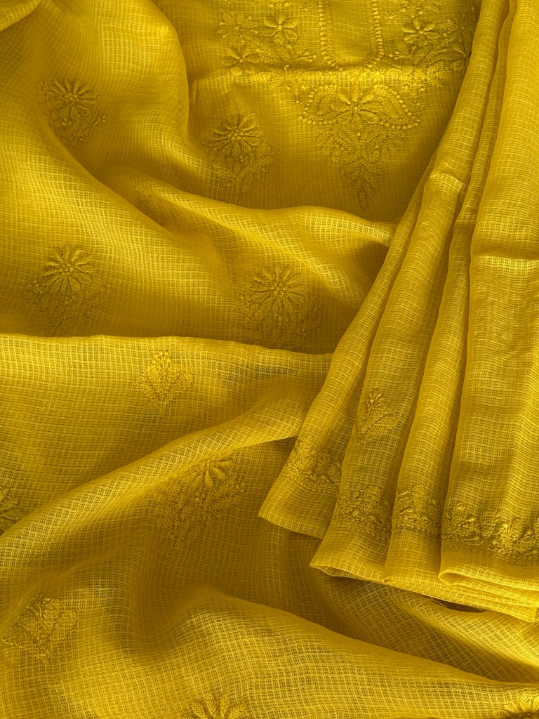 Lemon yellow pure cotton Kota mulmul Chikankari kurta dupatta set