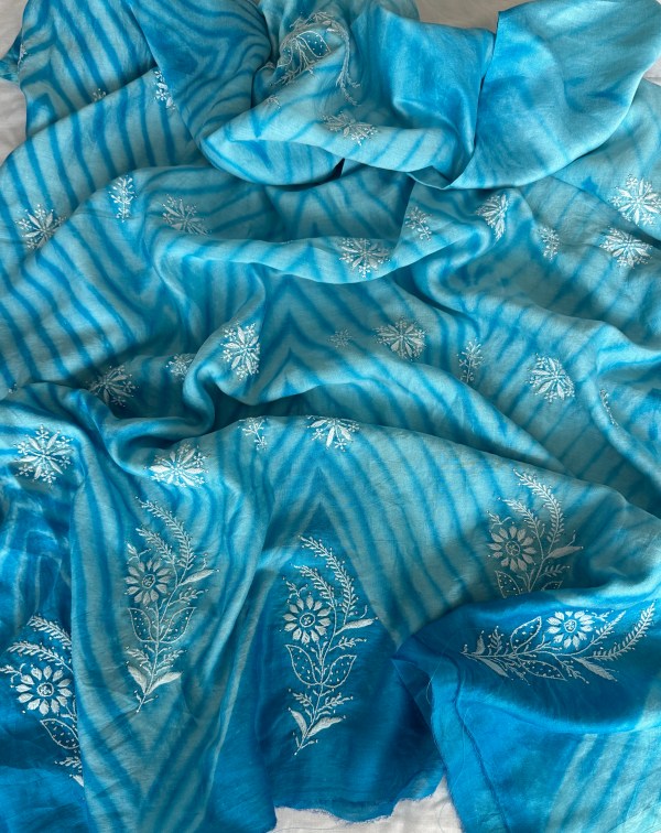 Cyan chanderi ombré hand-tied leheriya chikankari kurta piece