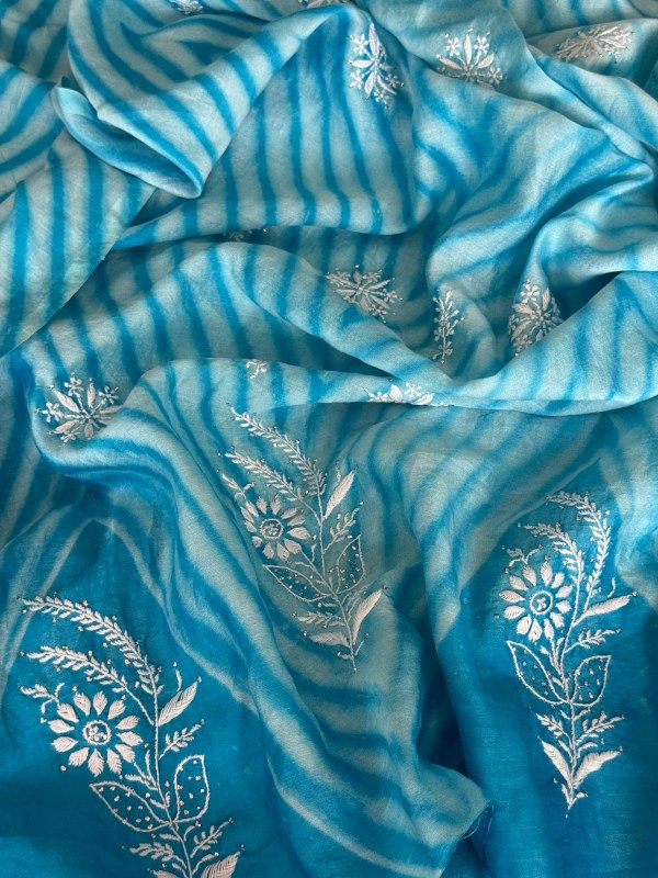 Cyan chanderi ombré hand-tied leheriya chikankari kurta piece