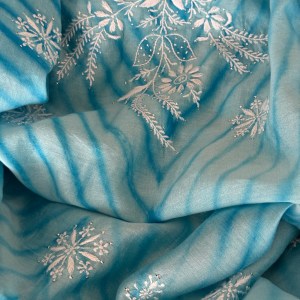 Cyan chanderi ombré hand-tied leheriya chikankari kurta piece - Image 3