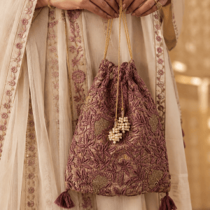 Antique Rose silk Chikankari potli with Jaali motifs - Image 1