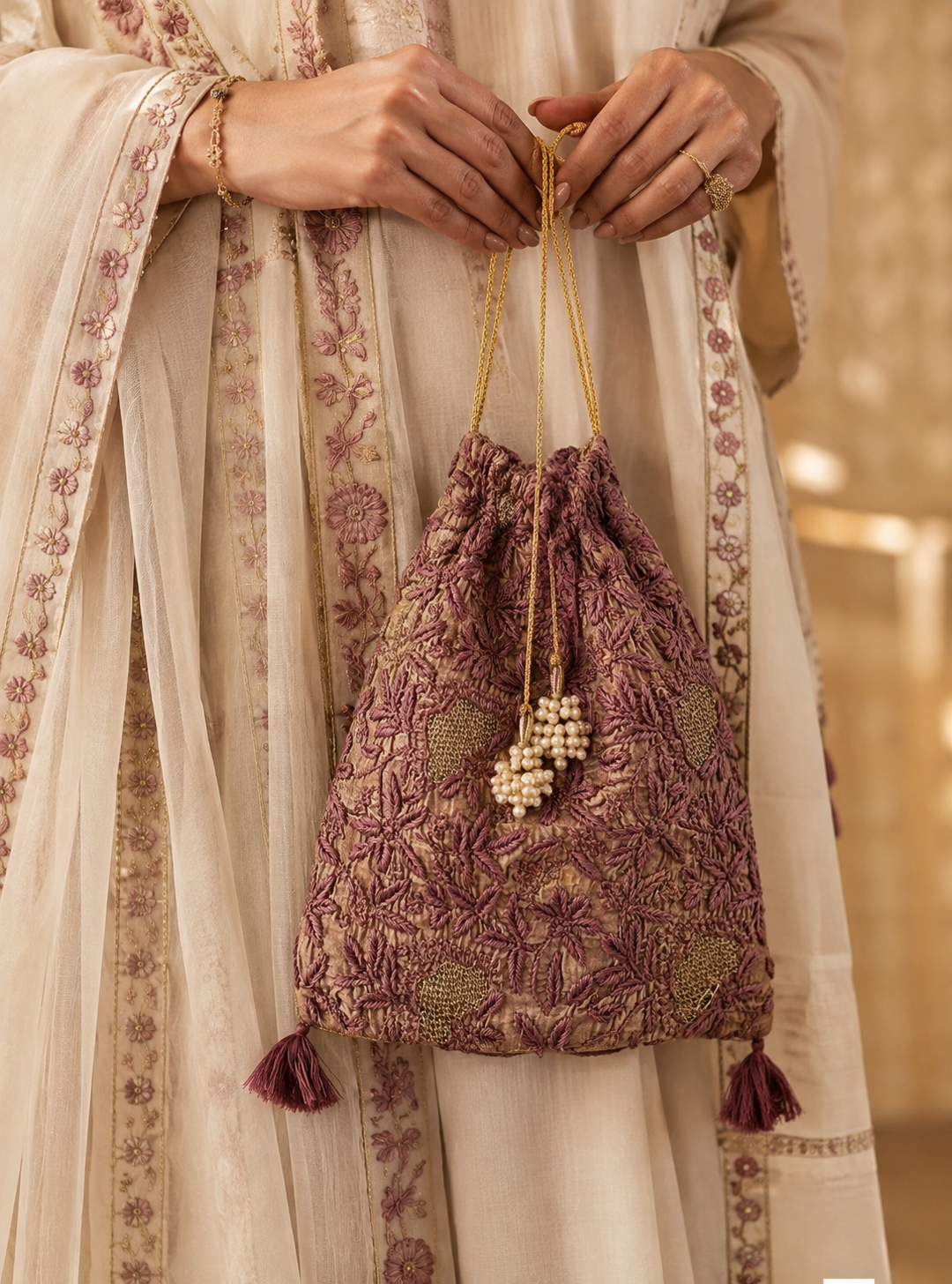 Antique Rose silk Chikankari potli with Jaali motifs - Image 1