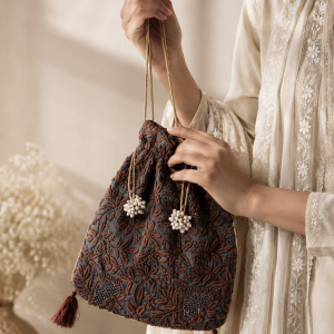 Black & brown Chikankari mukaish & Jaali work motif Potli