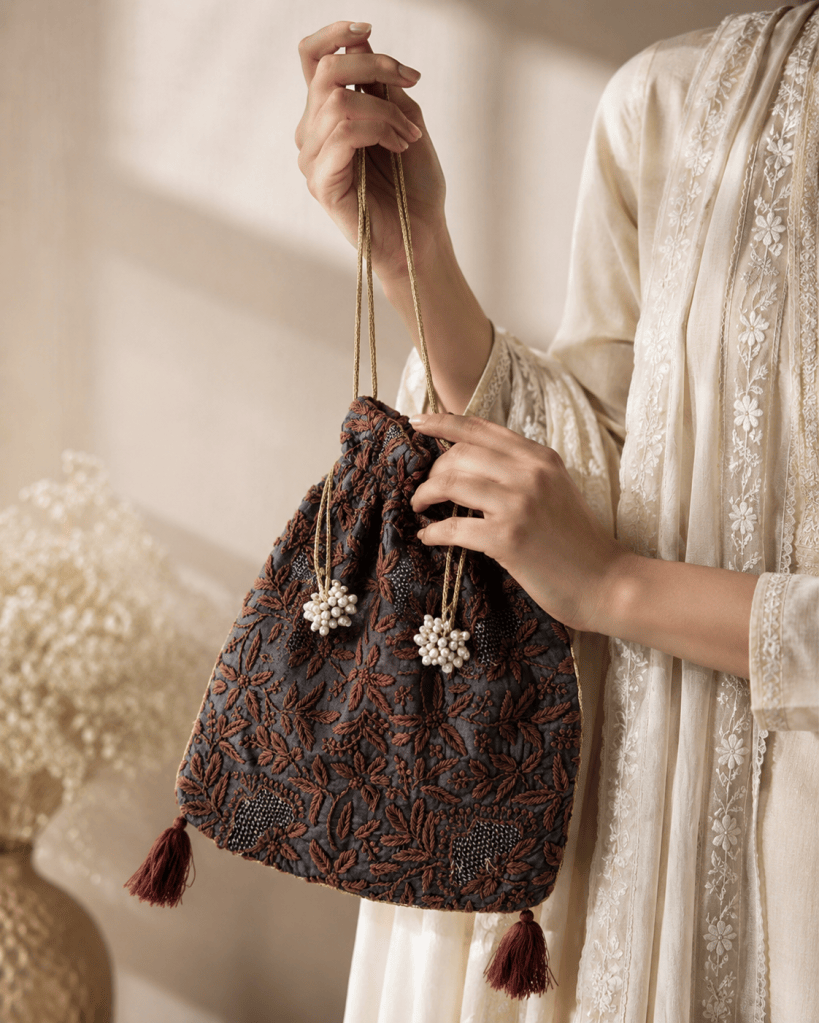 Black & brown Chikankari mukaish & Jaali work motif Potli