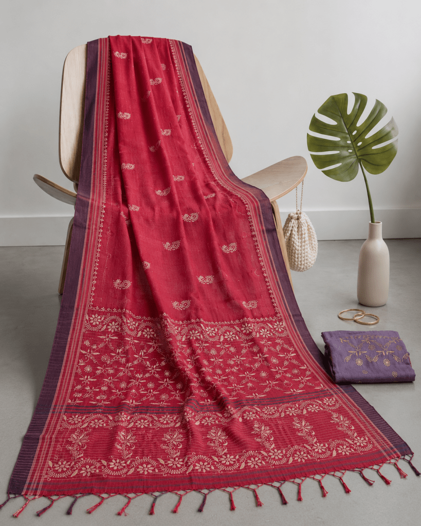 Apple red pure cotton handloom Chikankari saree with a contrast lilac blouse