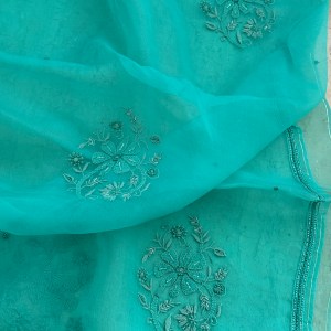 Caribbean blue pure organza chikankari saree with bead work - Image 4