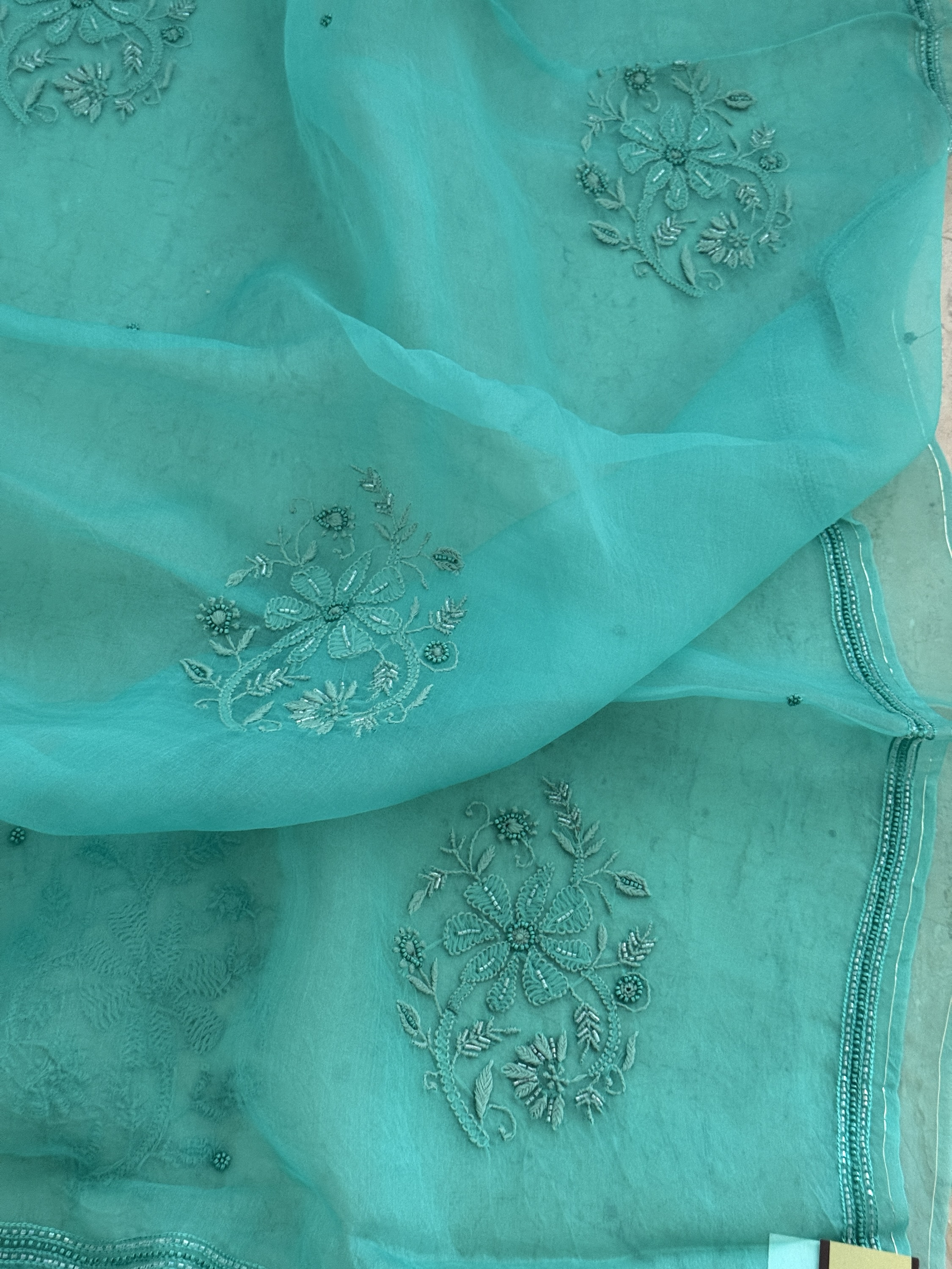 Caribbean blue pure organza chikankari saree with bead work - Image 4