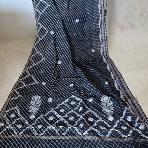 Black & white Handmade tie & dye Kota Mul leheriya Chikankari saree