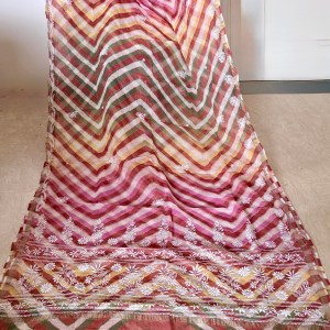 Pink & brown Handmade tie & dye ombré Kota Mul leheriya Chikankari saree