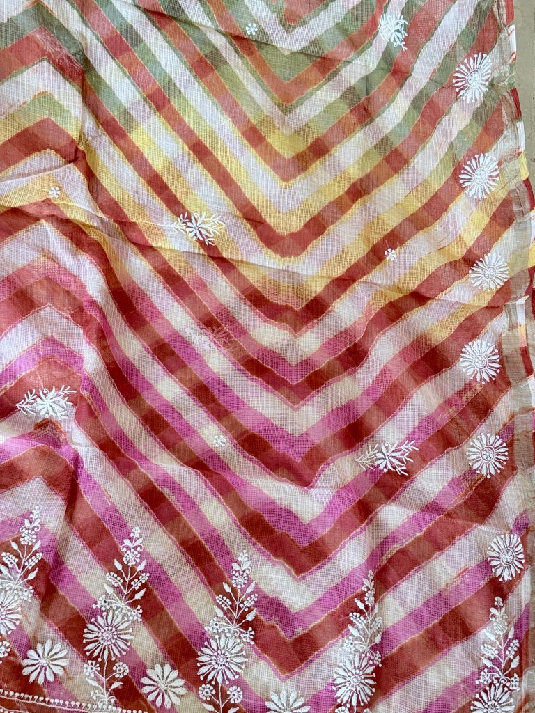 Pink & brown Handmade tie & dye ombré Kota Mul leheriya Chikankari saree