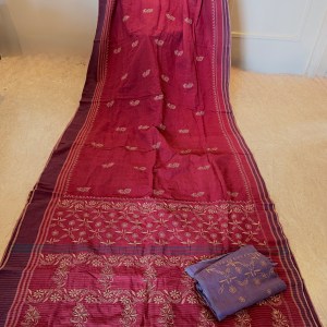 Apple red pure cotton handloom Chikankari saree with a contrast lilac blouse