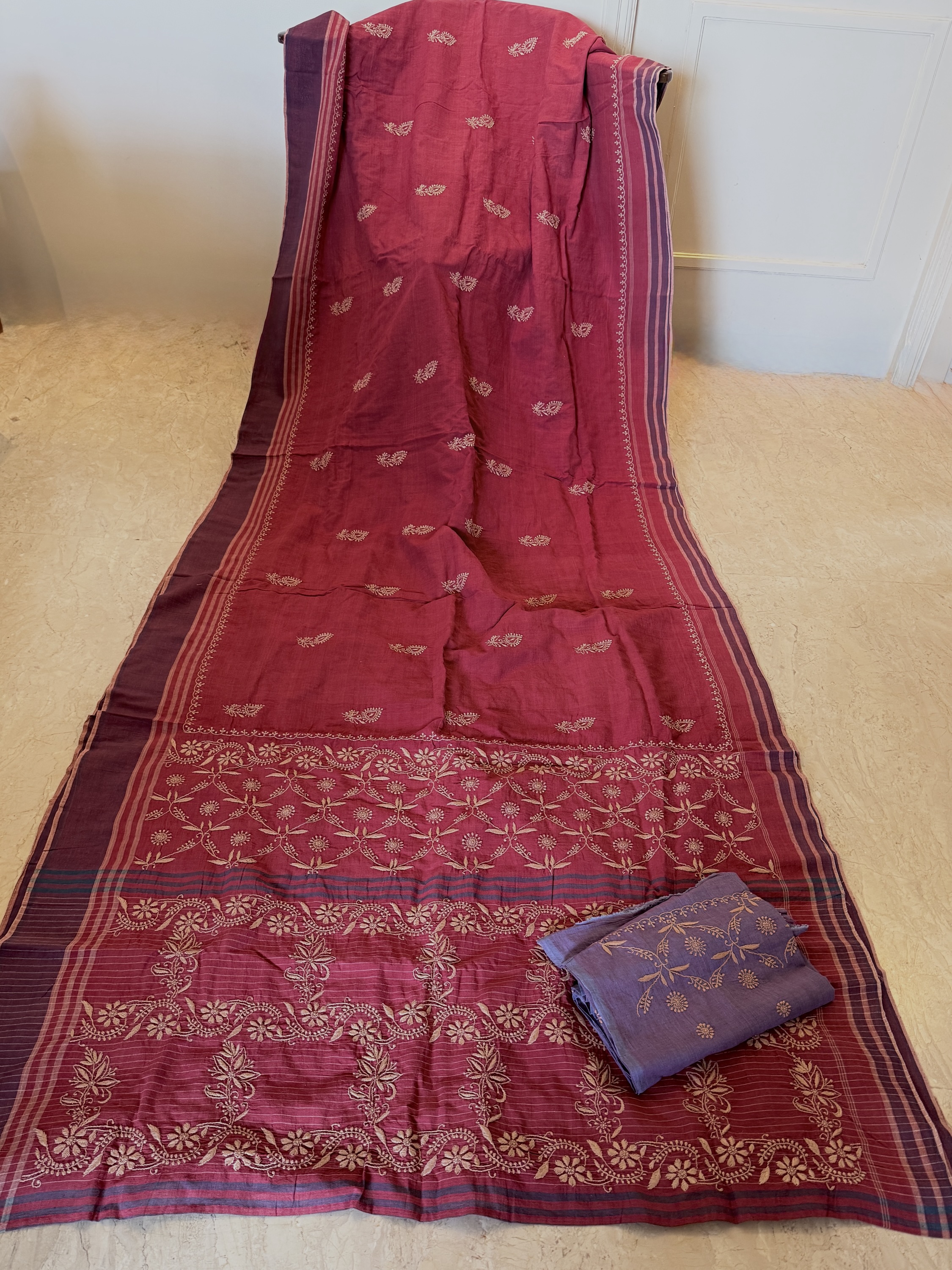 Apple red pure cotton handloom Chikankari saree with a contrast lilac blouse - Image 2
