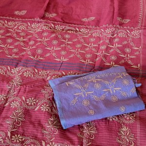 Apple red pure cotton handloom Chikankari saree with a contrast lilac blouse - Image 4