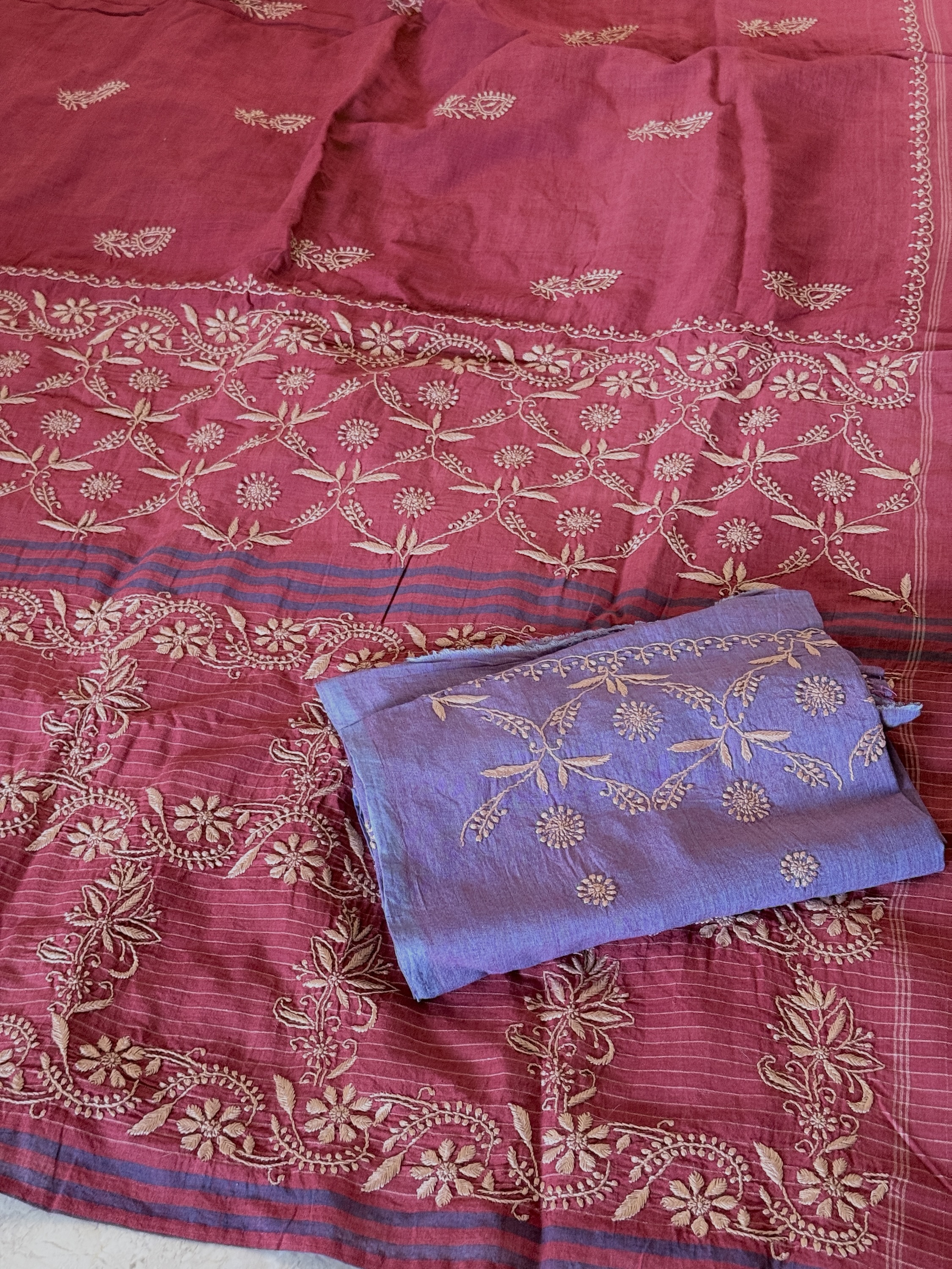 Apple red pure cotton handloom Chikankari saree with a contrast lilac blouse - Image 4