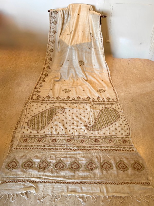 Beige pure Muga Tussar Silk ektaar  Chikankari Saree & blouse