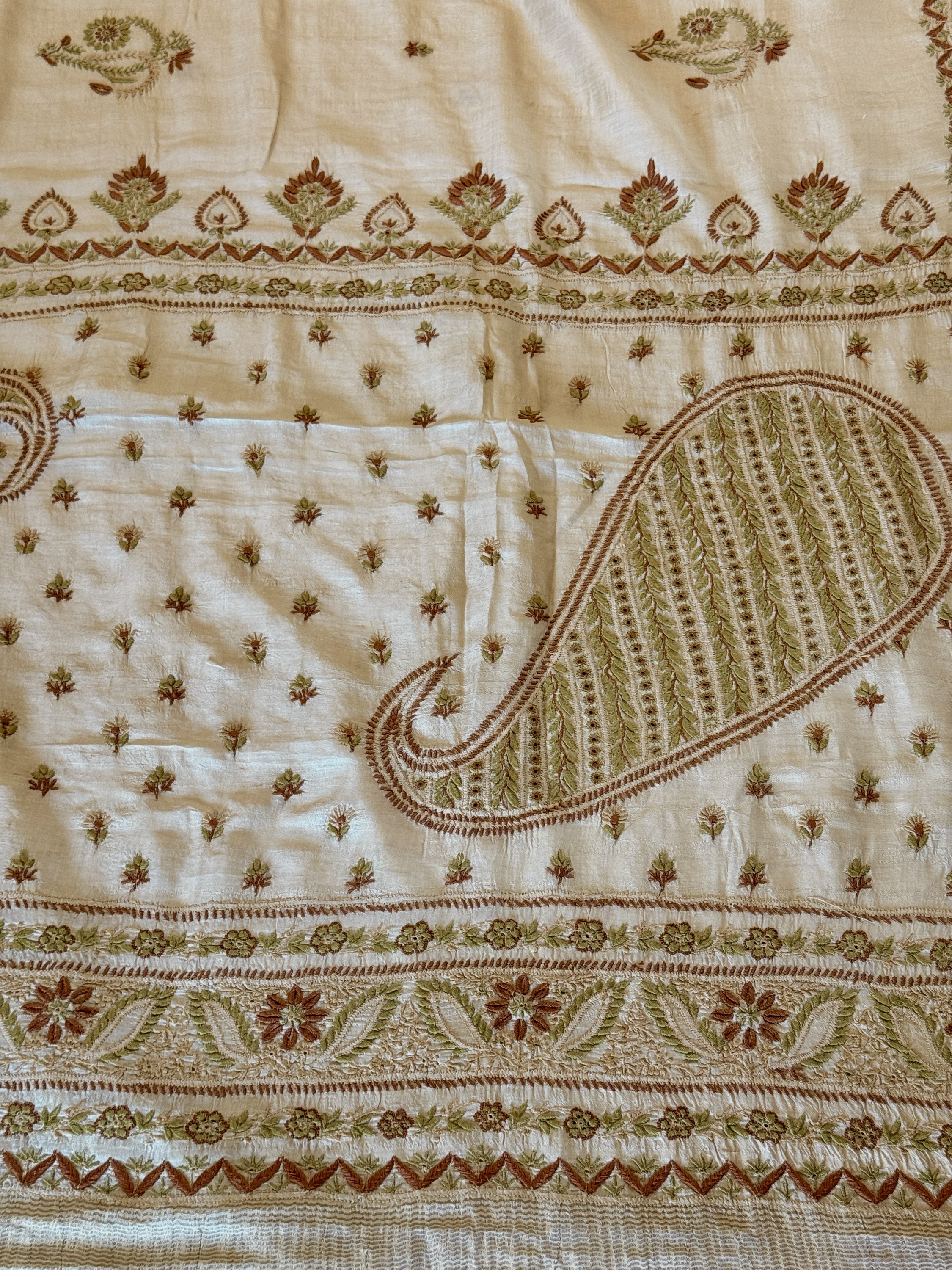 Beige pure Muga Tussar Silk ektaar  Chikankari Saree & blouse - Image 6