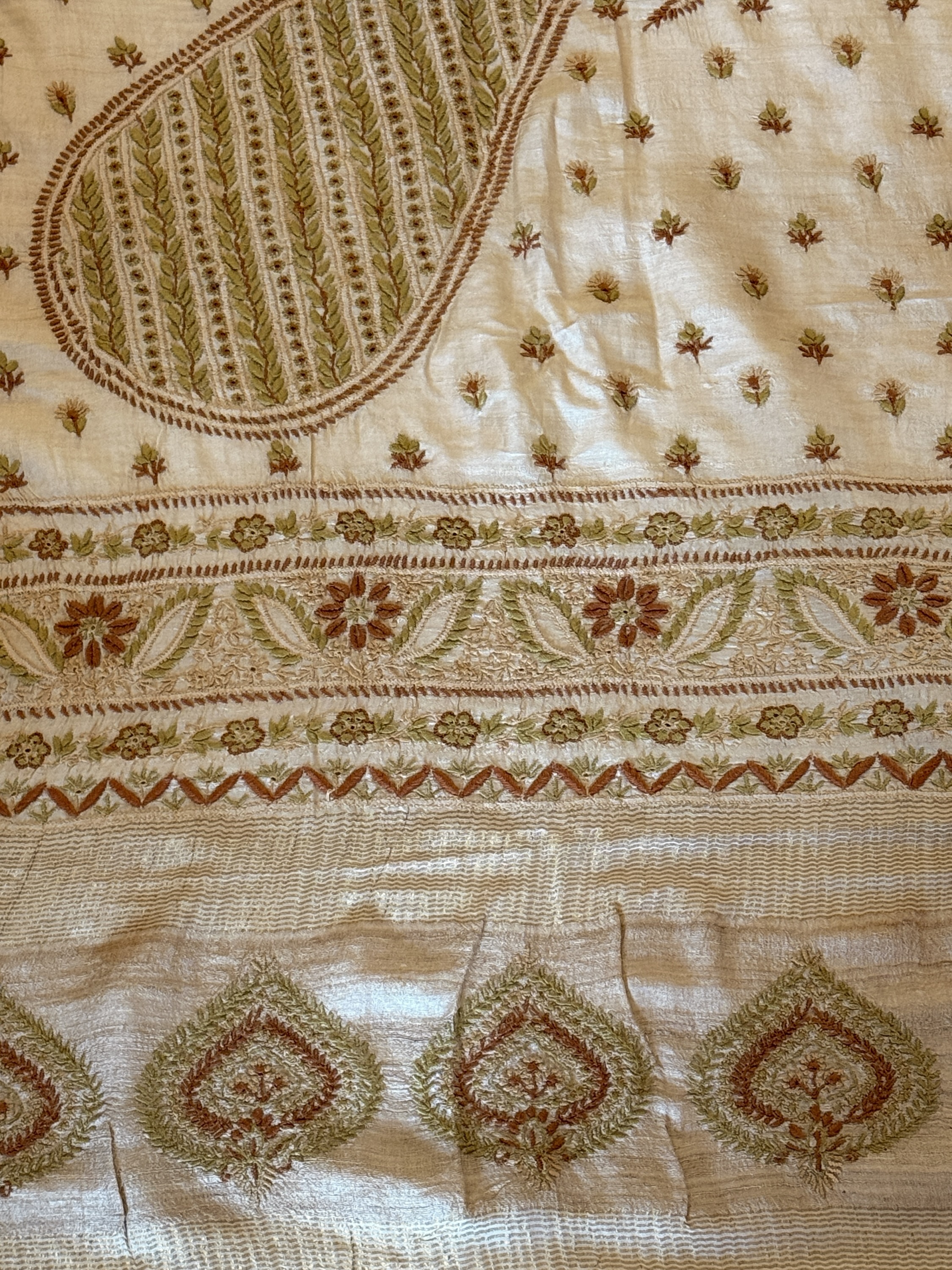 Beige pure Muga Tussar Silk ektaar  Chikankari Saree & blouse - Image 4