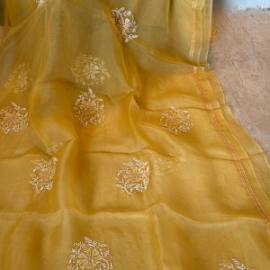 Golden yolk pure organza chikankari saree with pearl & bead work - Image 6
