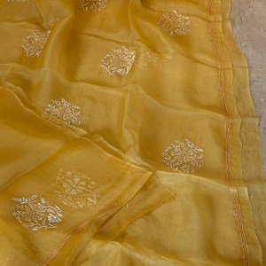 Golden yolk pure organza chikankari saree with pearl & bead work - Image 4